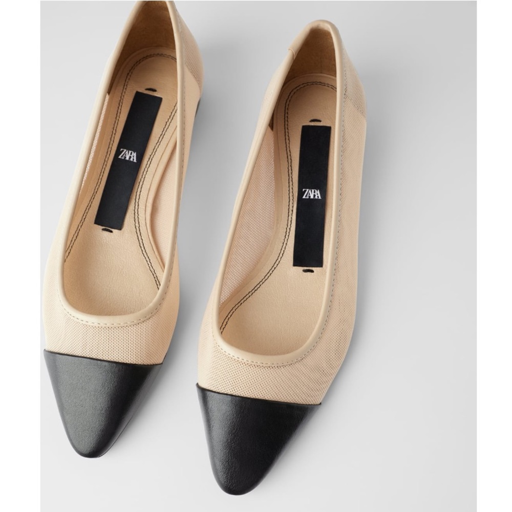 NWT Zara Cream Black Capped Toe Mesh Leather Mules